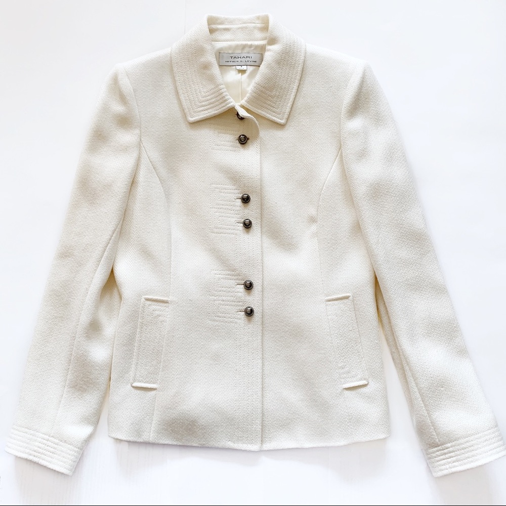 TAHARI Wool Blend Cream Blazer Pewter Buttons Sz 4